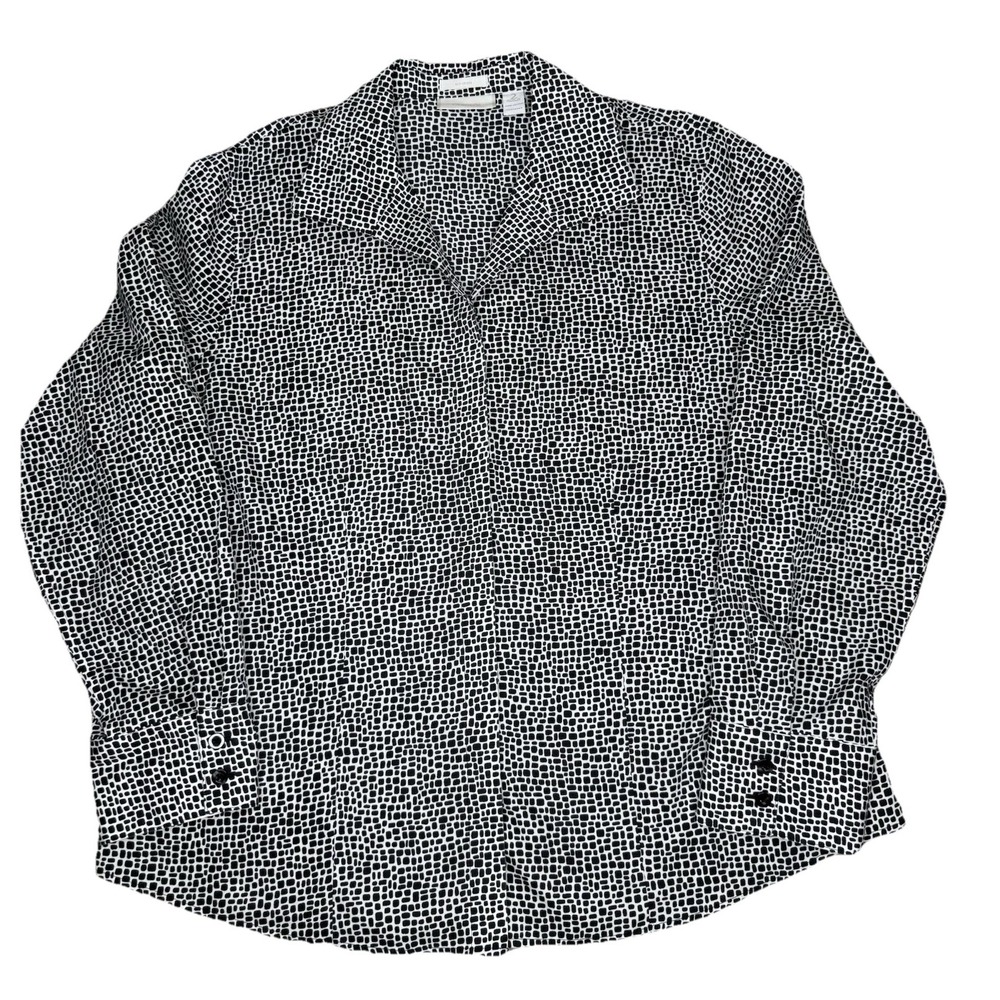 Chico's Top Womens Large 2 Button Up Black White Long Sleeve Shirt Cotton